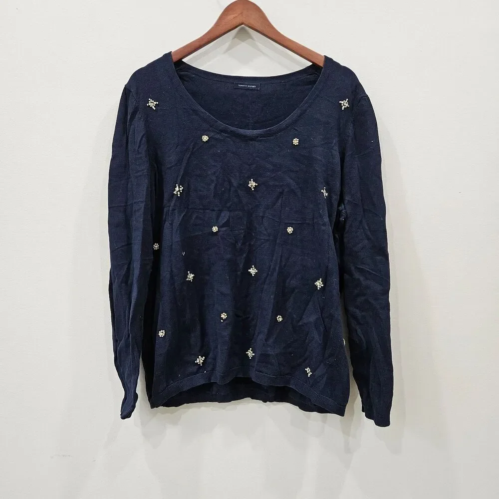 Tommy Hilfiger Womens Embellished Sweater XL Navy Scoop Neck Rhinestone Bling